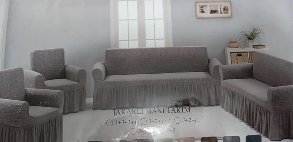 Arlisa jakarlı Kare Cizgili Etekli Maksi Koltuk Örtüsü 3+3+1+1  Naturel