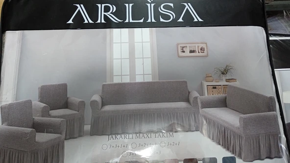 Arlisa jakarlı Kare Cizgili Etekli Maksi Koltuk Örtüsü 3+3+1+1 Antrasit - 2
