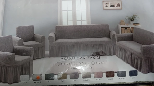 Arlisa jakarlı Kare Cizgili Etekli Maksi Koltuk Örtüsü 3+3+1+1 Taş