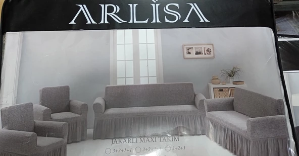 Arlisa jakarlı Kare Cizgili Etekli Maksi Koltuk Örtüsü 3+3+1+1  Naturel - 3
