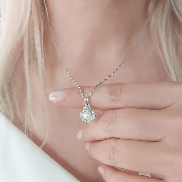 Vaoov 925 Ayar Gümüş İncili İstiridye Kolye ürün görseli 1