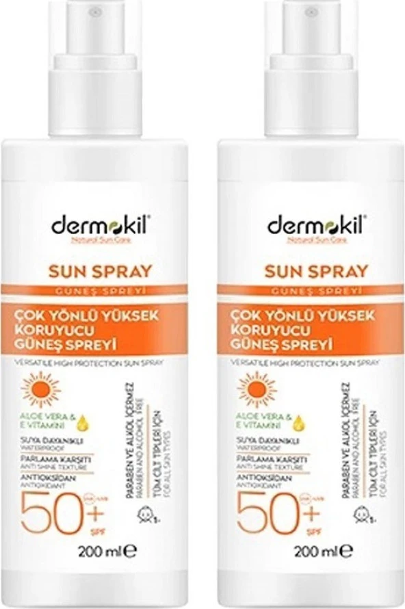 Dermokil Çok Yönlü Yüksek Koruyucu Güneş Spreyi 50SPF 200 ml x 2 Adet