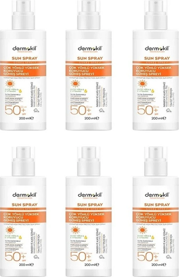 Dermokil Çok Yönlü Yüksek Koruyucu Güneş Spreyi 50SPF 200 ml x 6 Adet