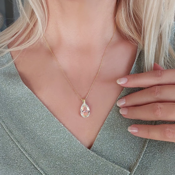 Vaoov 925 Ayar Gümüş Damla Swarovski Taşlı Hediye Kolye - Resim 6