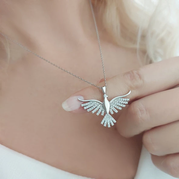 Vaoov 925 Ayar Gümüş Taşlı Kanatlı Kuş Kolye - Resim 4