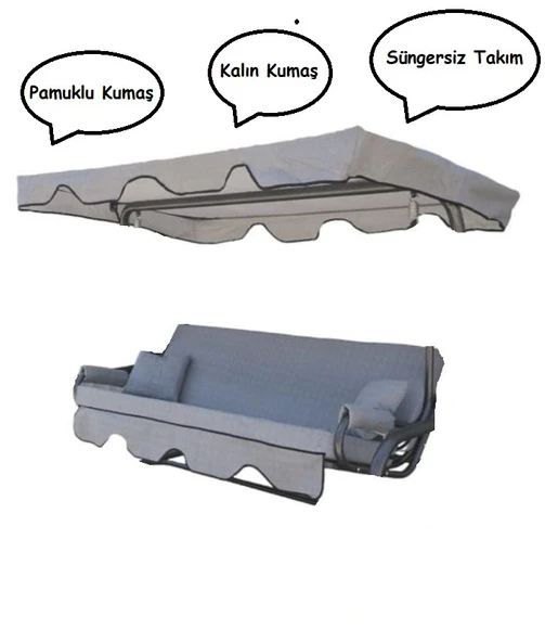 Mandaş Süngersiz 3 Kişilik Salıncak Minder Seti (Pamuklu Kumaş)-Gri YENİ - 2