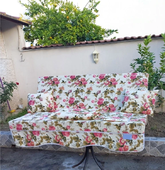Mandaş Süngerli 3 Kişilik Salıncak Minder Seti (Pamuklu Kumaş)-İngiliz Gülü Pembe