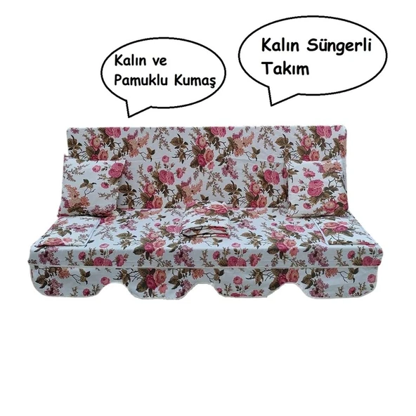 Mandaş Süngerli 3 Kişilik Salıncak Minder Seti (Pamuklu Kumaş)-İngiliz Gülü Pembe - Resim 2