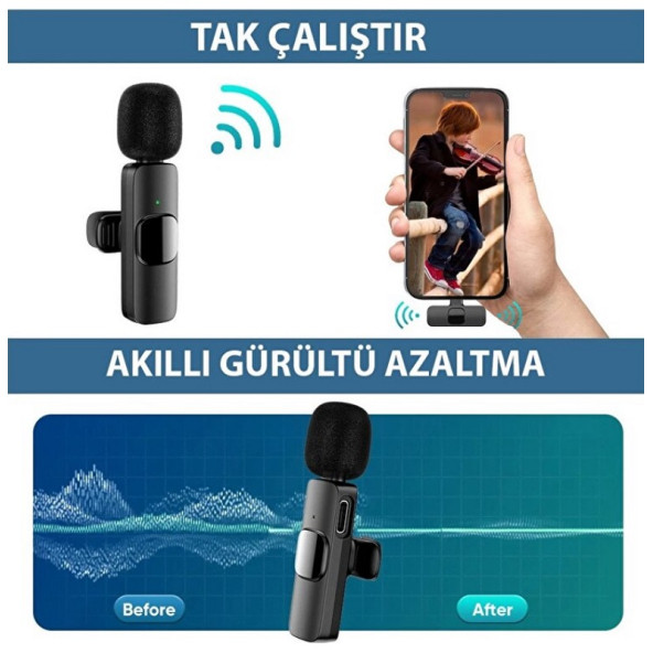 K9 Type-C Girişli Kablosuz Tak Çalıştır Yaka Mikrofonu - 8