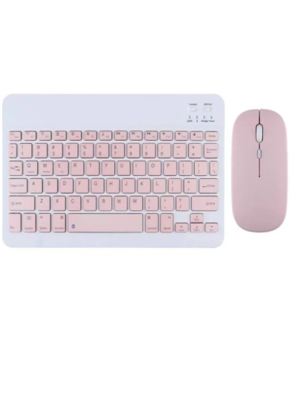 Wenn Tab Ultra 10.1" Uyumlu Kablosuz Bluetooth Şarj Edilebilir Mini Q Klavye Mouse Seti - Pembe