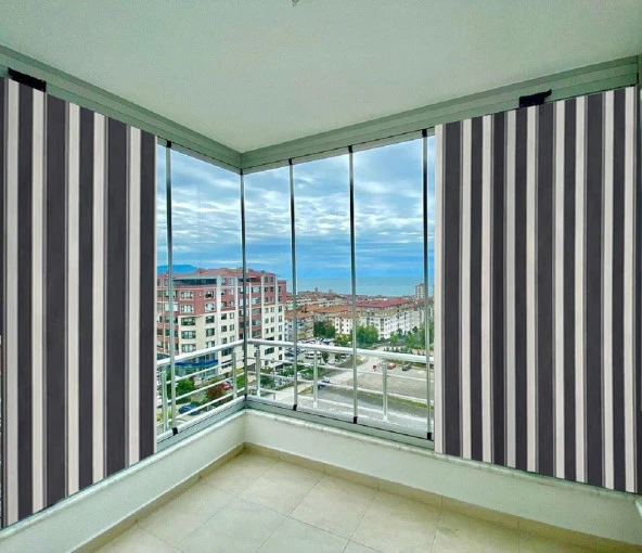 Ceylan Home Balkon Perdesi Brandası Gri Beyaz Çizgili 600x250