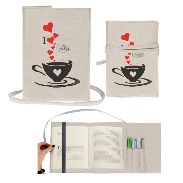 Coffee Cup Love Nakışlı Kitap - Tablet - Ebook Çantası / Kılıfı