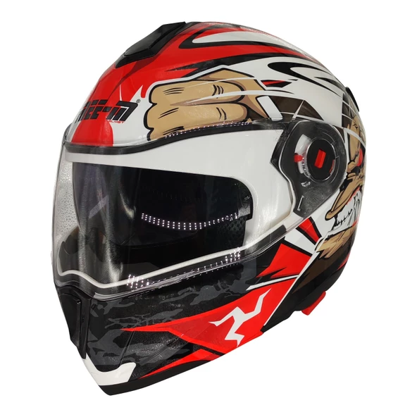 Free-M 961 Monkey Güneş Vizörlü Çeneden Açılır Kask Siyah - Beyaz - Kırmızı - 2