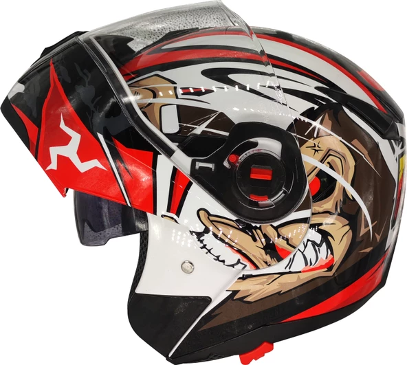 Free-M 961 Monkey Güneş Vizörlü Çeneden Açılır Kask Siyah - Beyaz - Kırmızı - 1