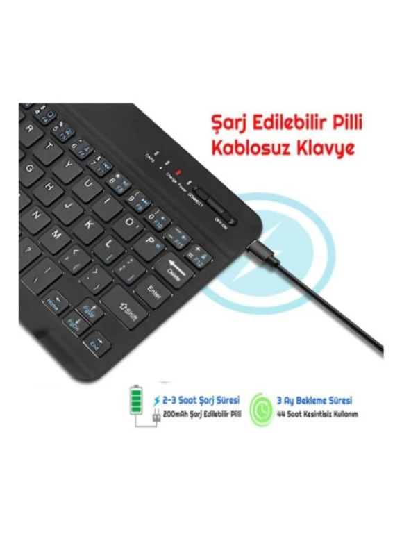 Wenn Tab Ultra 10.4" Uyumlu Kablosuz Bluetooth Şarj Edilebilir Mini Q Klavye Mouse Seti - Siyah - 5