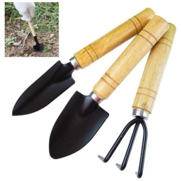 Hobi Bahçe Seti 3 Lü Bitki Çiçek Bakım Seti El Aletleri Seti Tırmık Kürek Sivri Kazma Küregi Set