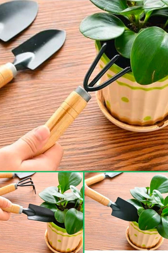 Hobi Bahçe Seti 3 Lü Bitki Çiçek Bakım Seti El Aletleri Seti Tırmık Kürek Sivri Kazma Küregi Set - 3