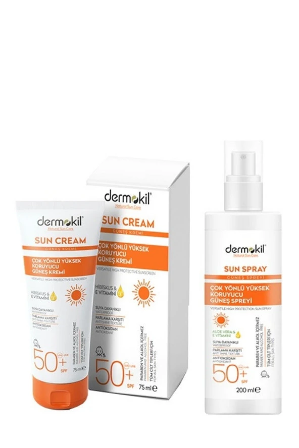 Dermokil E Vitaminli Yüksek Koruyucu Güneş Kremi 50 Spf 75ml ve Aloe Vera Güneş Spreyi 200ml