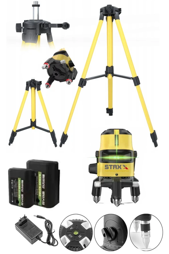 Staxx 2 Çizgili Yatay Dikey Yeşil Lazer Ölçüm Hizalama 30m Mesafe x2Ad Batarya Seviye Ölçme +Tripod - Resim 2