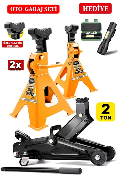 Staxx 2 Ton x2Adet Set Sehpa Tip Kriko Standı + 2 Ton/2000Kg Arabalı Kriko El Fenerli Garaj Set - 3
