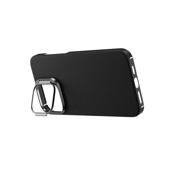 iPhone 15 Pro Max Kılıf Magsafe Şarj Özellikli 600D Kevlar Krek Karbon Standlı Kılıf - Resim 5