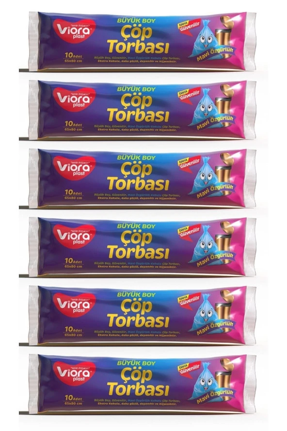 Standart Büyük Boy 6 Paket Çöp Torbası 65x80 Cm 60'lı Rulo Çöp Poşeti - Mavi