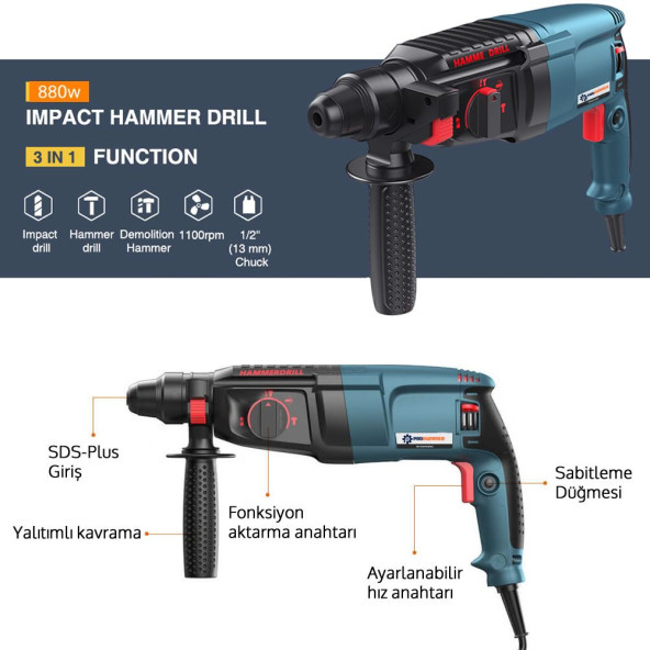 Prohummer PH004 Professional Kırıcı Delici 880W (Mavi) - 3
