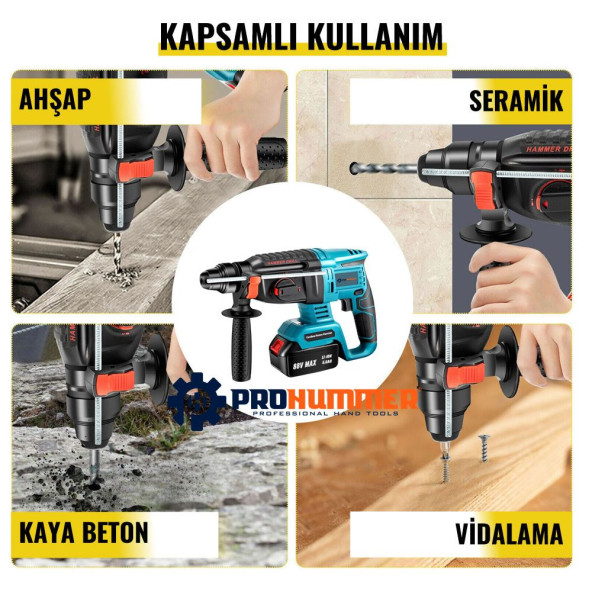 Prohummer PH014 88VF 5ah Kömürsüz Şarjli Professional Kırıcı Delici (Mavi) - 4