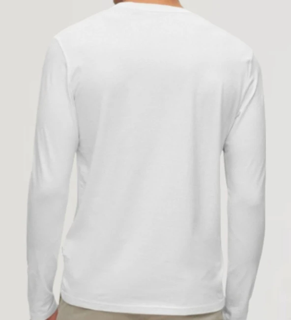 Erkek Uzun Kol Bisiklet Yaka Slimfit Likralı Düz Tişört Beyaz - 2