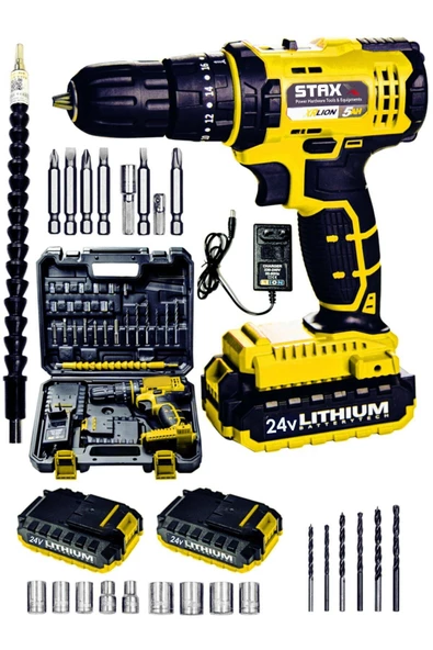 Staxx 24 V 5 Ah Darbeli Metal Dişli Şanzuman Çift Akülü Şarjlı Vidalama Matkap Çantalı Set - 2