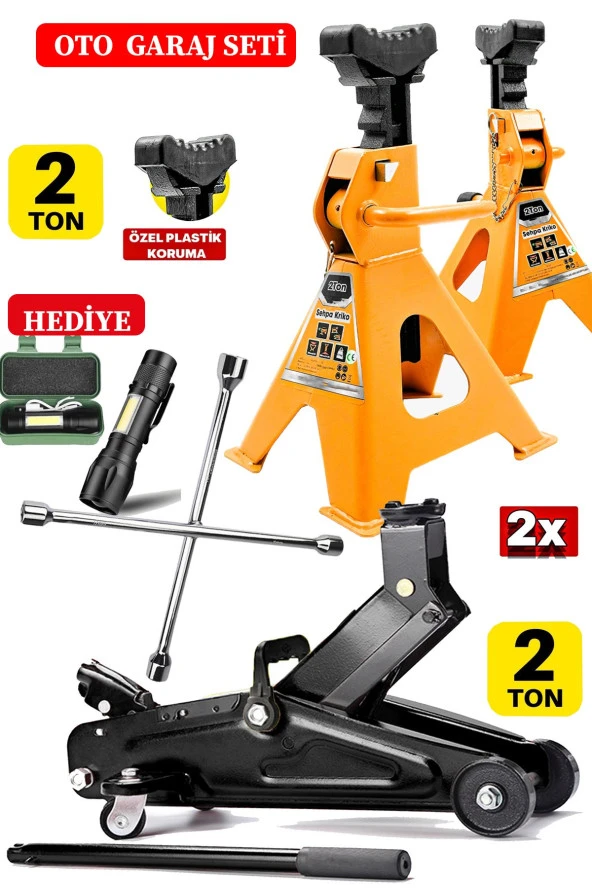2Ton/2000Kg Kapasite Tekerlekli Arabalı Kriko + 2Ton x2Adet Sehpa Tip Kriko + Bijon Full Garaj Seti - 2