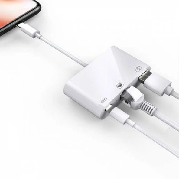 Polham Apple İpad ve İphone İçin İnternet, Şarj ve Kamera Dönüştürücü Kablosu, 3in1 RJ45 Adaptör - 6