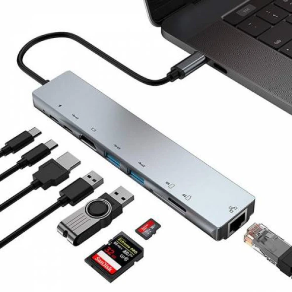 Polham 8 Port Type-C Hdmi 3XUSB+2 PD Ethernet RJ45 TF SD Kart Hub Adaptör Çoklayıcı Okuyucu