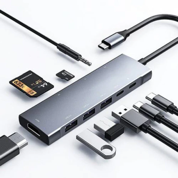 Polham Type C Port 9in1 Çoğaltıcı HUB, 4K HDMİ, RJ45, 3,5MM, SD TF, 3x USB 3.0, 2x PD Type C Adaptör - Resim 2