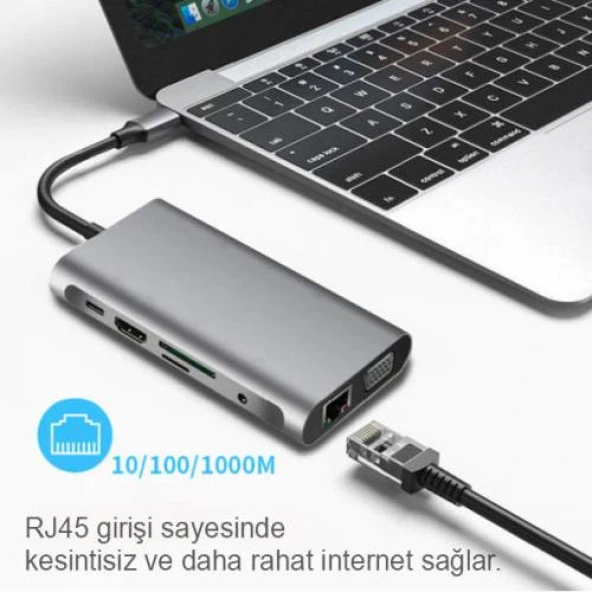 Polham 10in1 Hub 100W 4K HDMI VGA RJ45 PD USB 3.0 HUB Adaptör Çoklayıcı Macbook Pro Dönüştürücü - 3