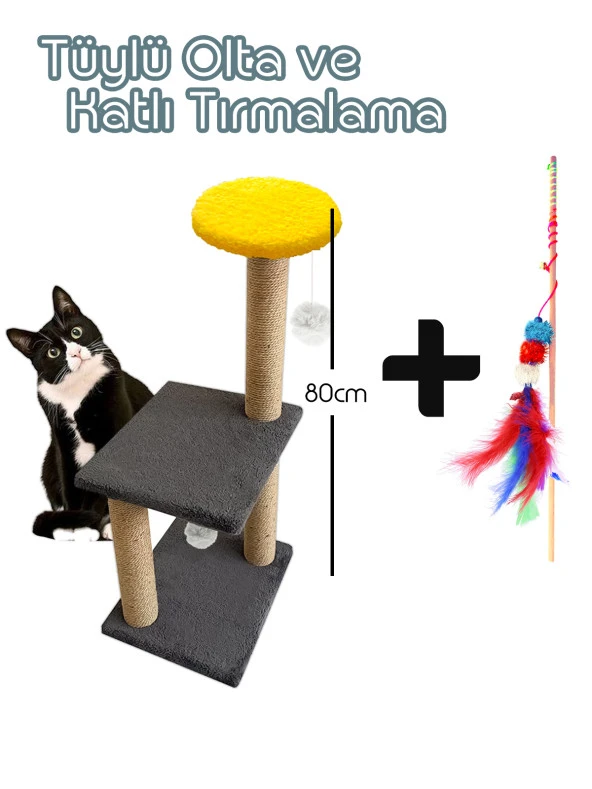 Katlı Kedi Tırmalama Tahtası 80cm ve Ponponlu Olta Set