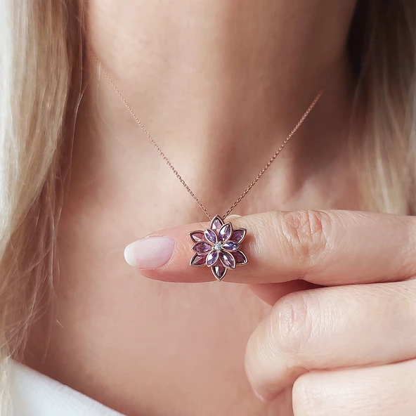 Vaoov 925 Ayar Gümüş Mor Taşlı Lotus Çiçeği Kolye - Resim 4