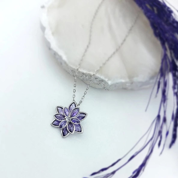 Vaoov 925 Ayar Gümüş Mor Taşlı Rodyumlu Lotus Çiçeği Kolye - 5