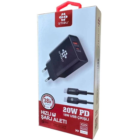 38W PD + USB + C-C Kablo Şarj Aleti Arbaks ARB-015-T