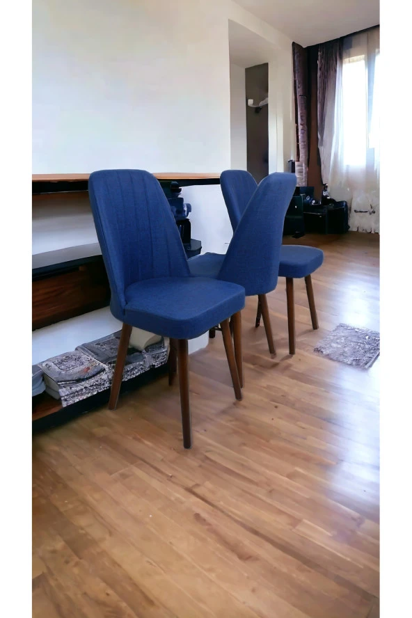 Mutfak Sandalyesi Yemek Odası Sandalyesi 3 Adet Mavi Ceviz Boyalı Ayaklı