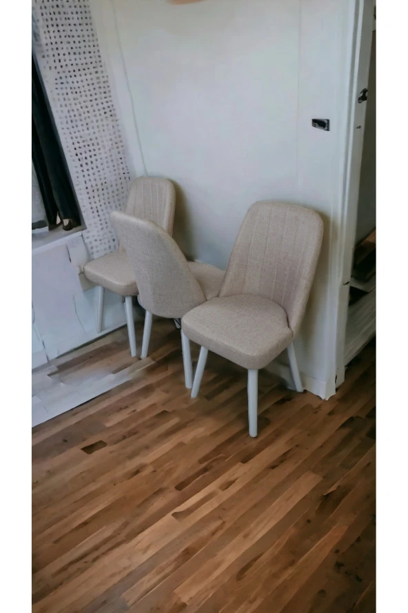 Mutfak Sandalyesi Yemek Odası Sandalyesi 3 Adet Açık Krem Beyaz Boyalı Ayaklı