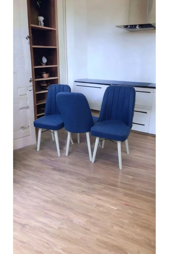 Mutfak Sandalyesi Yemek Odası Sandalyesi 3 Adet Mavi Beyaz Boyalı Ayaklı