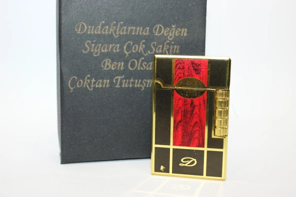 Kişiye Özel Dupont Tarz Çelik Gövde Çakmak (Gold-Siyah-Kırmızı)