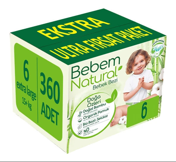 Bebem Bebek Bezi Natural Beden:6 (15+Kg) Extra Large 384 Adet Ekstra Ultra Fırsat Pk