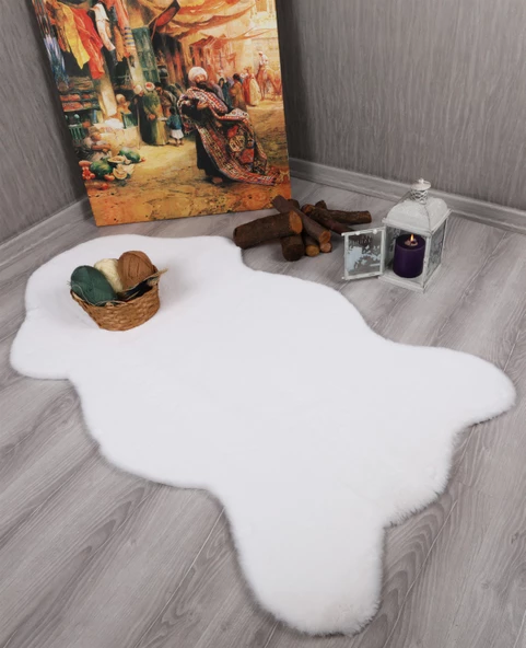 Tavşan Tüyü Dekoratif Ultra Yumuşak Post Peluş Kaymaz Halı Beyaz - 2