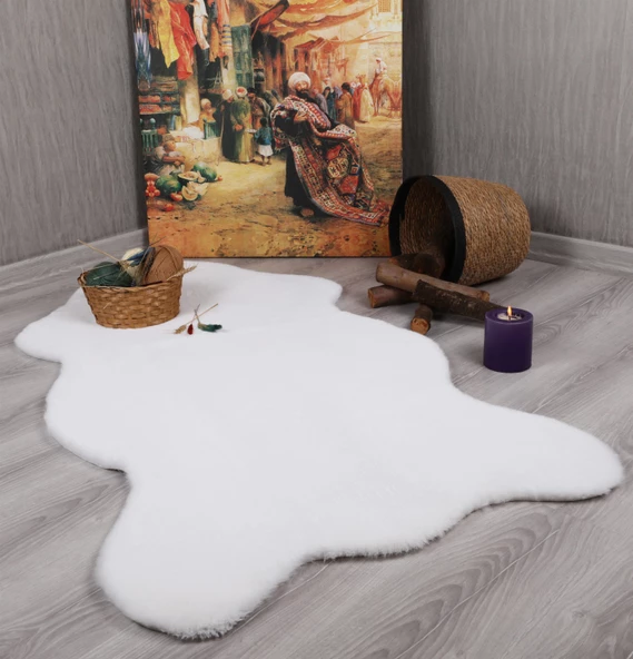 Tavşan Tüyü Dekoratif Ultra Yumuşak Post Peluş Kaymaz Halı Beyaz