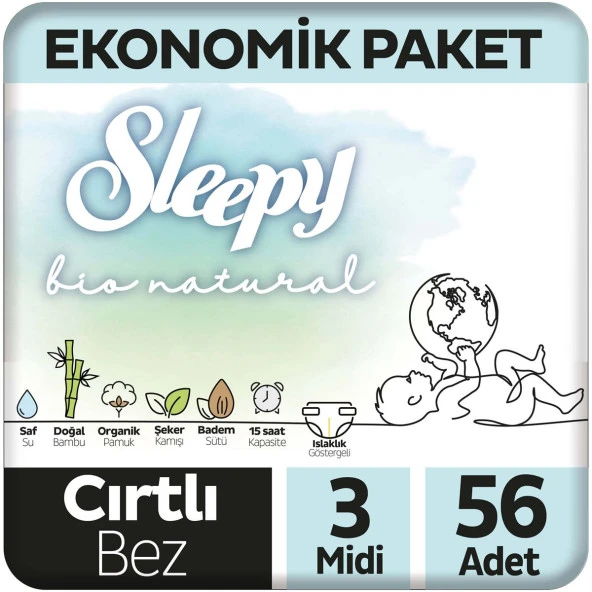 Sleepy Bio Natural Ekonomik Paket Bebek Bezi 3 Beden Midi 56 Adet