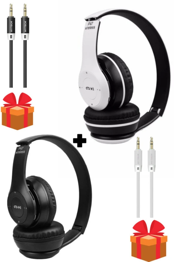 2 Adet Siyah Beyaz 5.0 Edr P47 Extra Bass Wireless Bluetooth Kulaklık + 2 Adet Aux Tf Kart Girişli