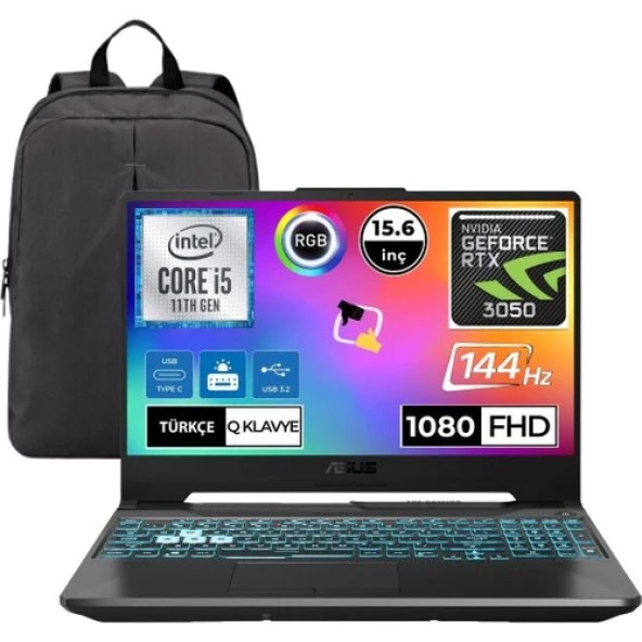 Asus Tuf Gaming F15 FX506HC Intel Core I5 11400H 64GB 1tb SSD RTX3050 Freedos 15.6" 144HZ Fhd Taşınabilir Bilgisayar Snertech Çanta Hediyeli