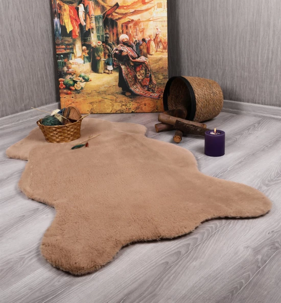 Tavşan Tüyü Dekoratif Ultra Yumuşak Post Peluş Kaymaz Halı Camel ürün görseli 1